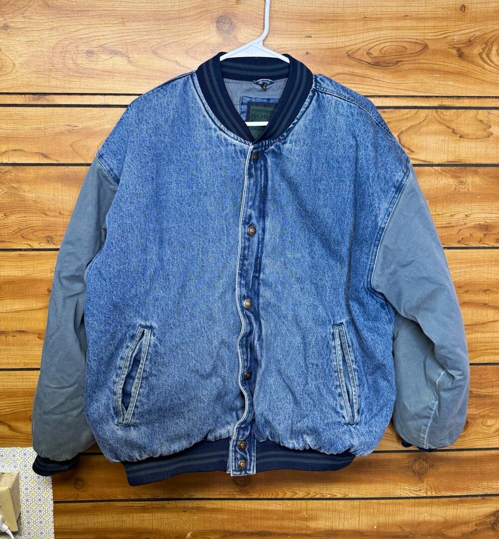 Vintage 90’s Denim Bomber Jacket Button Front Pockets Band Collar North Bay Sz L